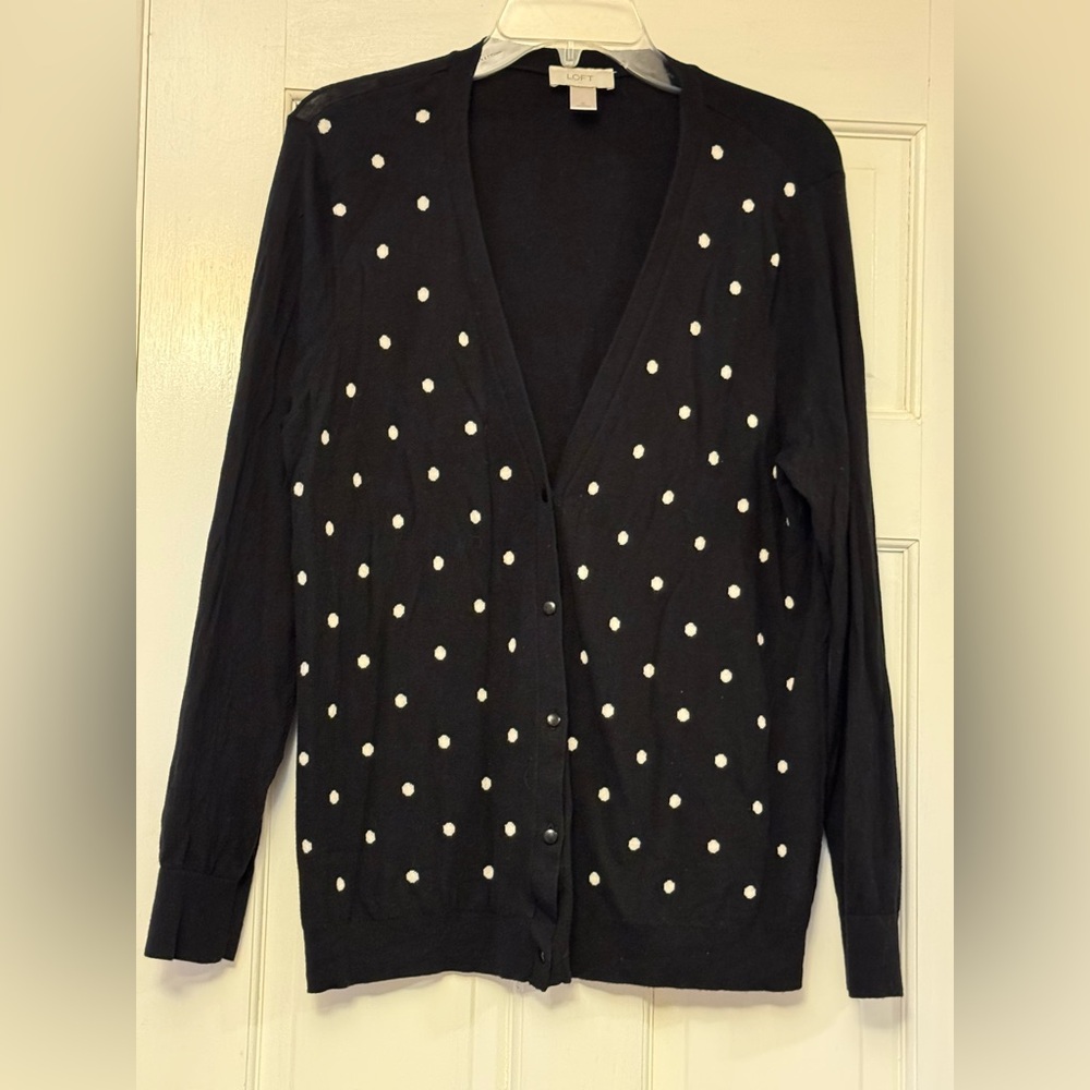 LOFT Black Cardigan with Cream Polka Dots